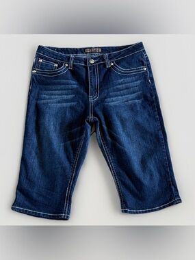 5ive Women’s Size 14 Dark Wash Denim Bermuda Shorts Stretch Embellished Pockets